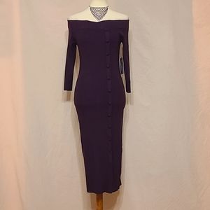 Eva Mendes Purple Off-the-shoulder Three-quarter Sleeves Bodycon Dress